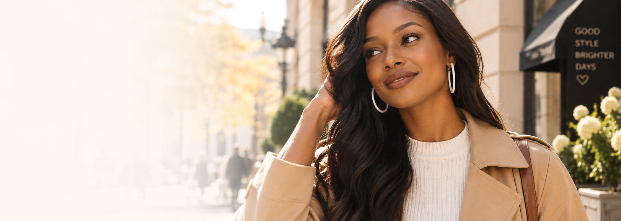 Woman wearing large white hoop earrings outside a sunlit café